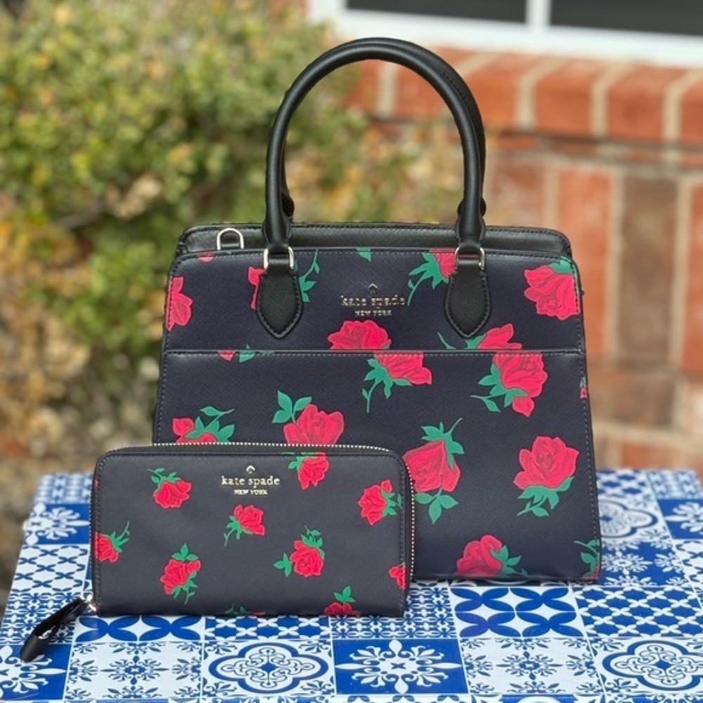 Kate Spade Madison Medium Rose Toss Print Leather Satchel with matching wallet